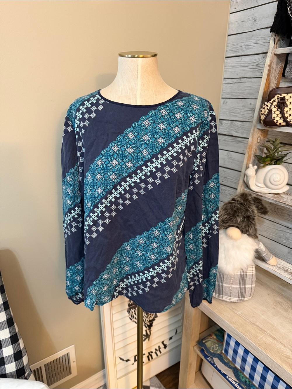 Talbots Women's Navy Long-Sleeve Printed Tee with Teal Pattern